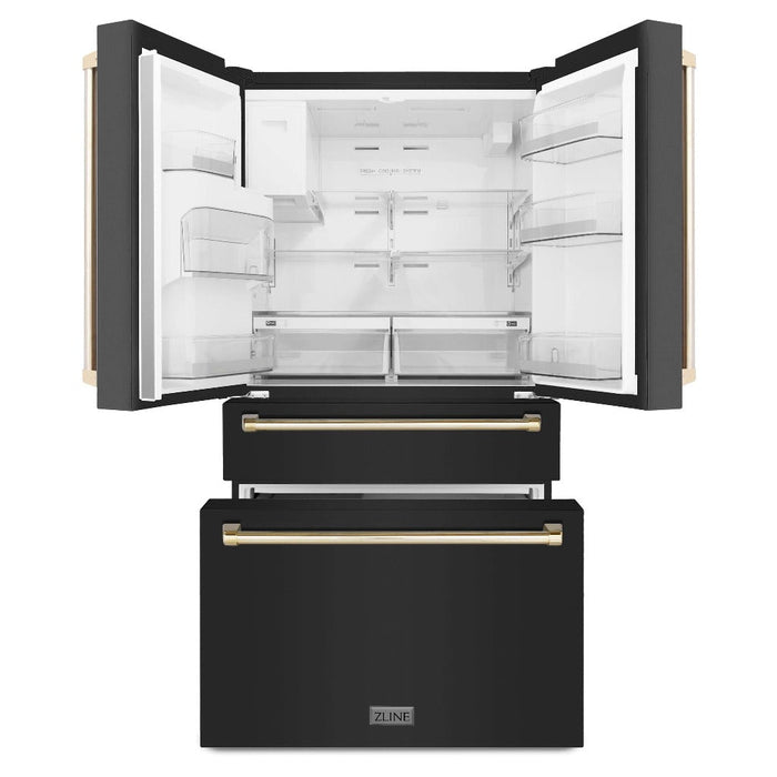 ZLINE Autograph Edition 36 in. 21.6 cu. ft 4-Door French Door Refrigerator with Water and Ice Dispenser in Fingerprint Resistant Black Stainless Steel with Polished Gold Traditional Handles (RFMZ-W-36-BS-G)