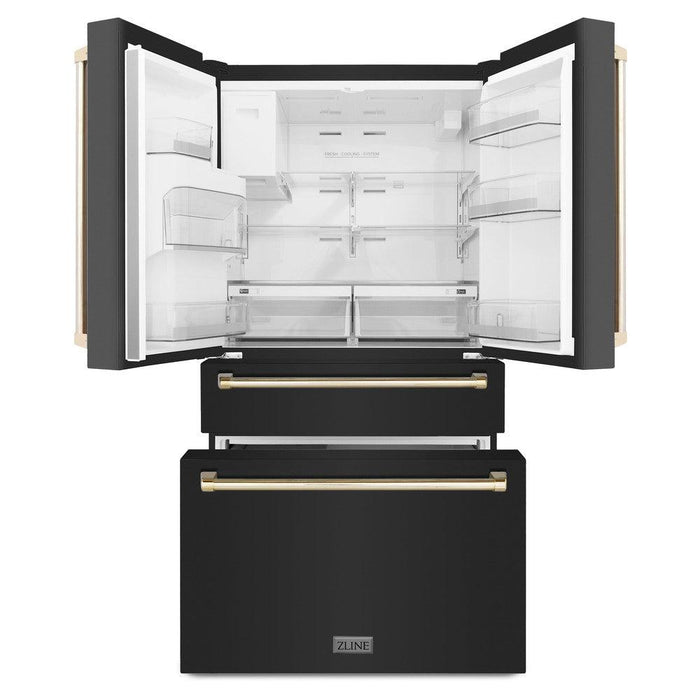 ZLINE Autograph Edition 36 in. 21.6 cu. ft 4-Door French Door Refrigerator with Water and Ice Dispenser in Fingerprint Resistant Black Stainless Steel with Polished Gold Traditional Handles (RFMZ-W-36-BS-G)