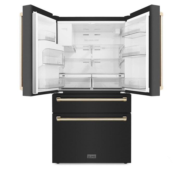 ZLINE 36 In. Autograph Refrigerator with Water and Ice Dispenser in Black with Gold Handles, RFMZ-W-36-BS-G