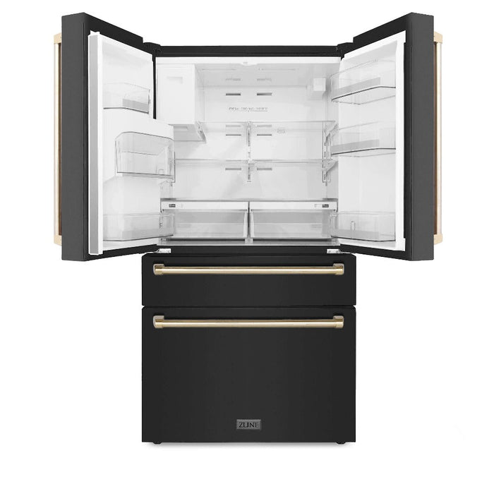 ZLINE Autograph Edition Kitchen Package in Black Stainless Steel with 30 in. Dual Fuel Range, 30 in. Range Hood, 24 in. Dishwasher and 36 in. French Door Refrigerator with Polished Gold Accents (4AKPR-RABRHDWV30-G)