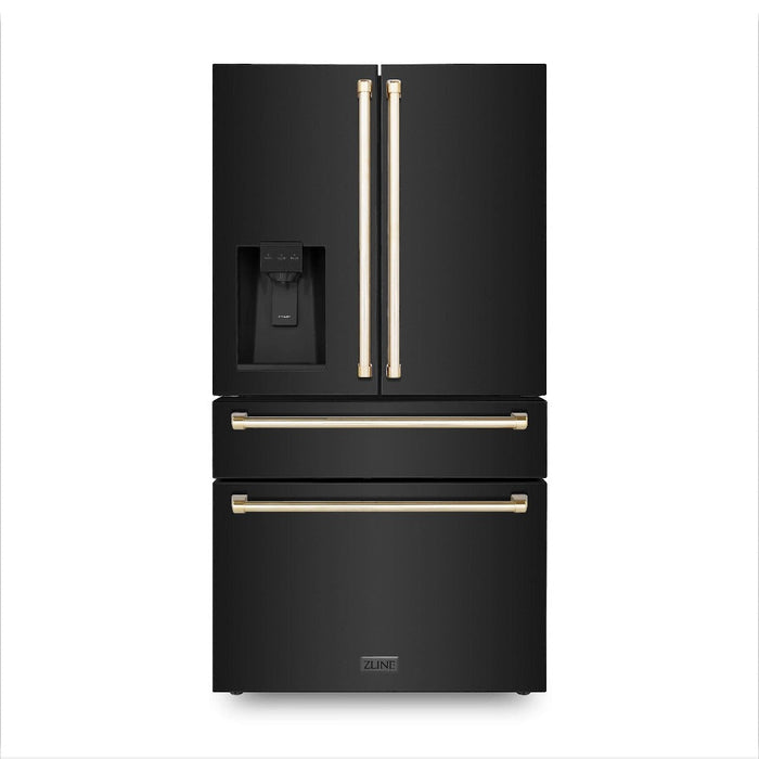 ZLINE Autograph Edition Kitchen Package in Black Stainless Steel with 30 in. Dual Fuel Range, 30 in. Range Hood, 24 in. Dishwasher and 36 in. French Door Refrigerator with Polished Gold Accents (4AKPR-RABRHDWV30-G)