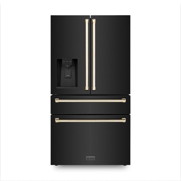 ZLINE Autograph Edition 36 in. 21.6 cu. ft 4-Door French Door Refrigerator with Water and Ice Dispenser in Fingerprint Resistant Black Stainless Steel with Polished Gold Traditional Handles (RFMZ-W-36-BS-G)