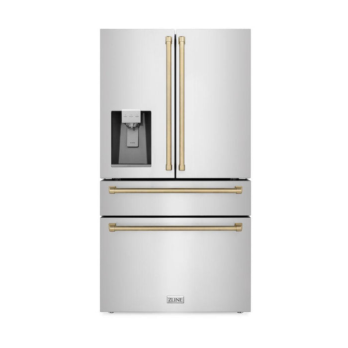 ZLINE 36 In. Autograph Refrigerator with Water and Ice Dispenser in Fingerprint Resistant Stainless Steel with Champagne Bronze Accents, RFMZ-W-36-CB