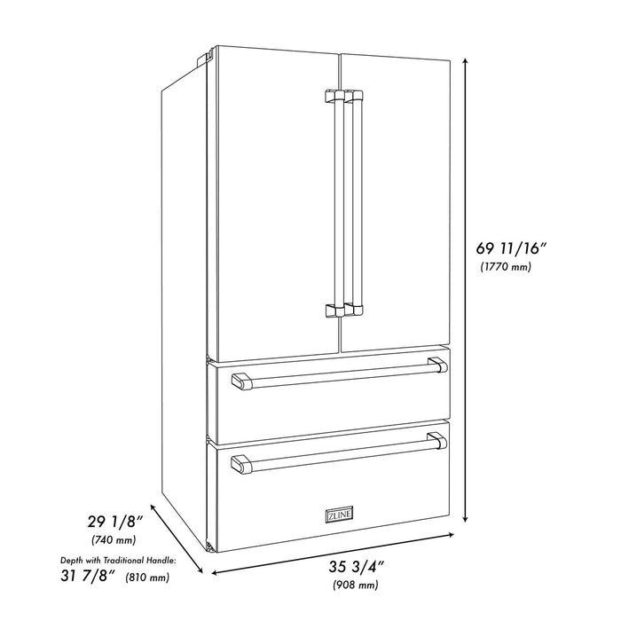 ZLINE 36" 22.5 cu. ft 4-Door French Door Refrigerator with Ice Maker in Fingerprint Resistant Stainless Steel, RFM-36