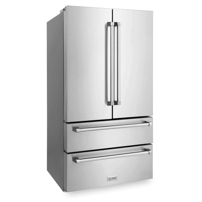 ZLINE Kitchen Package with Refrigeration, 36" Stainless Steel Gas Range, 36" Convertible Vent Range Hood and 24 in.  Tall Tub Dishwasher