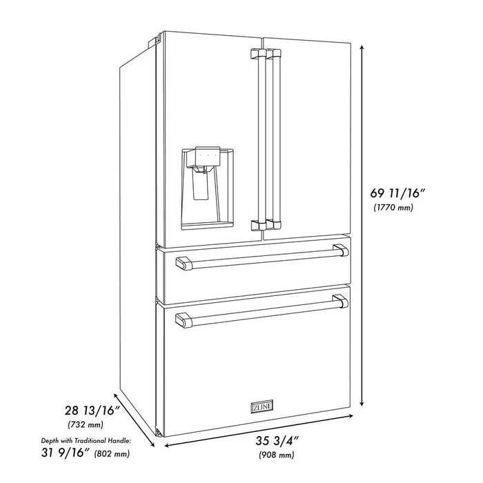 ZLINE 36" 21.6 cu. ft. French Door Refrigerator with Water and Ice Dispenser and Water Filter in Stainless Steel, RFM-W-WF-36