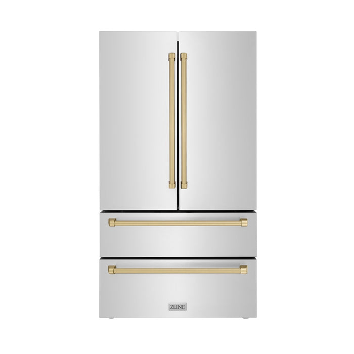 ZLINE Autograph Edition 36 in. 22.5 cu. ft 4-Door French Door Refrigerator with Ice Maker in Fingerprint Resistant Stainless Steel with Champagne Bronze Traditional Handles (RFMZ-36-CB)