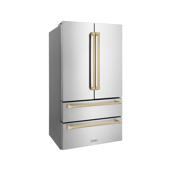 ZLINE Autograph Edition 36 in. 22.5 cu. ft 4-Door French Door Refrigerator with Ice Maker in Fingerprint Resistant Stainless Steel with Champagne Bronze Traditional Handles (RFMZ-36-CB)