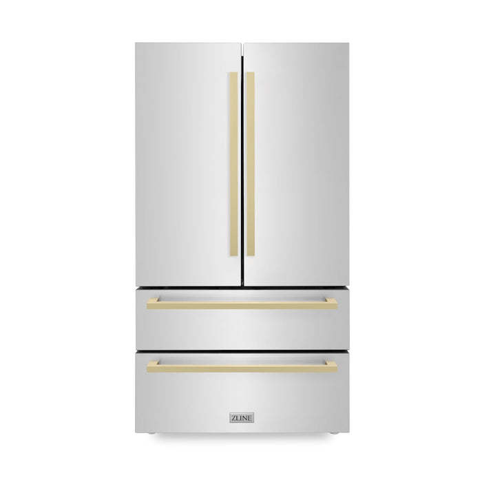 ZLINE Autograph Edition 36 in. 22.5 cu. ft 4-Door French Door Refrigerator with Ice Maker in Stainless Steel with Champagne Bronze Modern Handles (RFMZ-36-FCB)