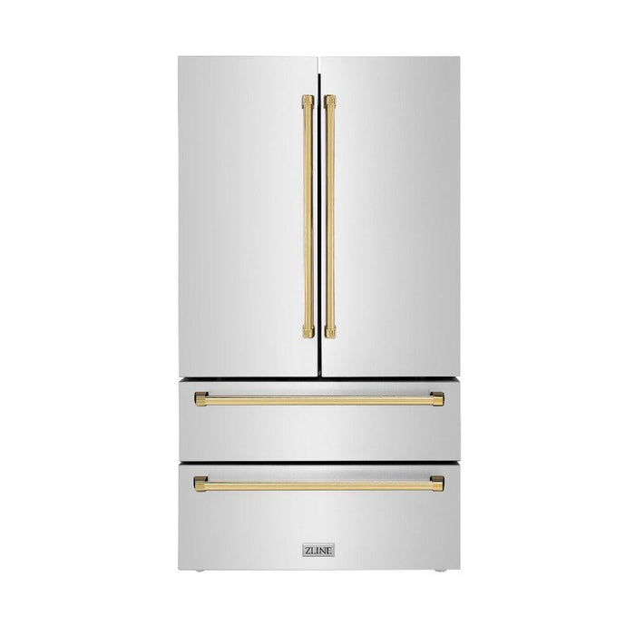 ZLINE Autograph Edition 36 in. 22.5 cu. ft 4-Door French Door Refrigerator with Ice Maker in Fingerprint Resistant Stainless Steel with Polished Gold Traditional Handles (RFMZ-36-G)