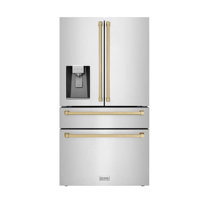 ZLINE Autograph Edition 36 in. 21.6 cu. ft 4-Door French Door Refrigerator with Water and Ice Dispenser in Fingerprint Resistant Stainless Steel with Champagne Bronze Traditional Handles (RFMZ-W-36-CB)