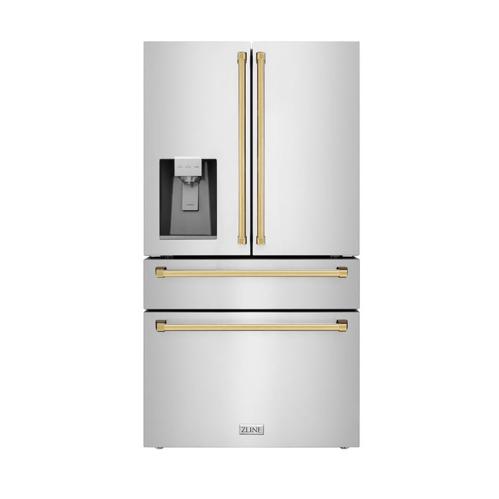 ZLINE Autograph Edition 36 in. 21.6 cu. ft 4-Door French Door Refrigerator with Water and Ice Dispenser in Fingerprint Resistant Stainless Steel with Polished Gold Traditional Handles (RFMZ-W-36-G)