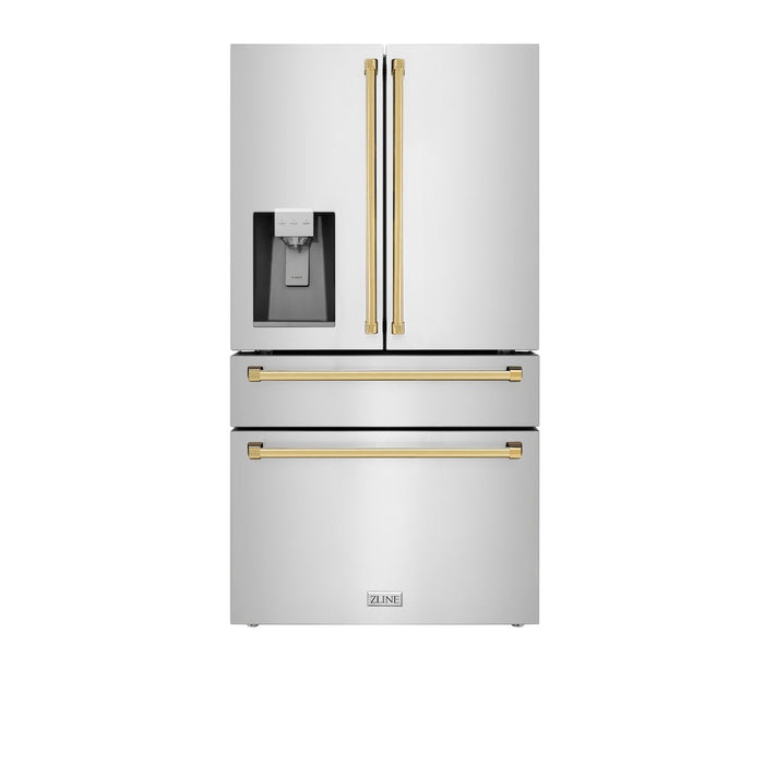 ZLINE Autograph Edition 36 in. 21.6 cu. ft 4-Door French Door Refrigerator with Water and Ice Dispenser in Fingerprint Resistant Stainless Steel with Polished Gold Traditional Handles (RFMZ-W-36-G)