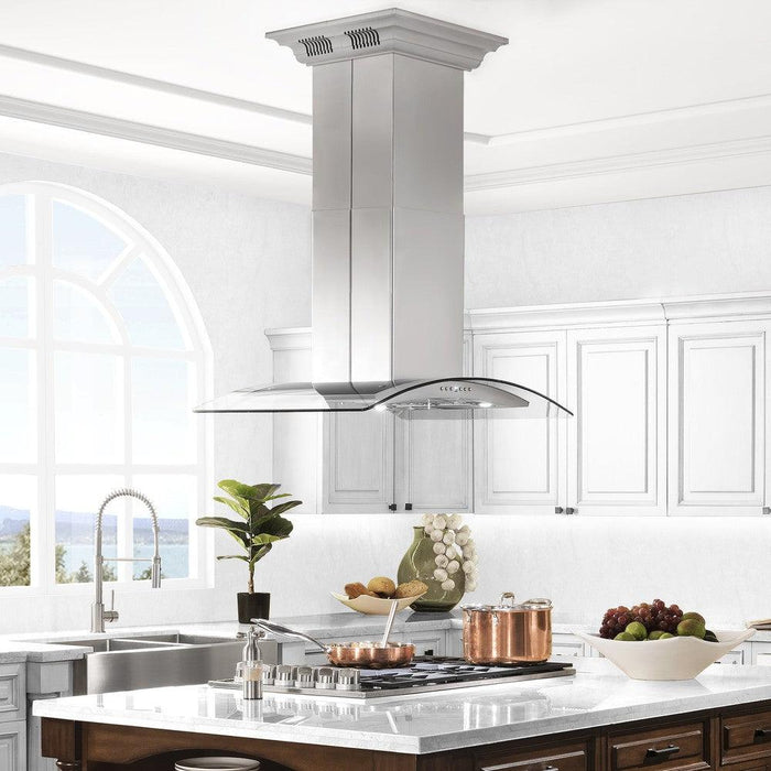 ZLINE Island Mount Range Hood in Stainless Steel and Glass with Built-in CrownSound Bluetooth Speakers (GL5iCRN-BT)