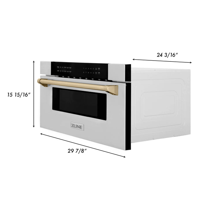 ZLINE Autograph Package - 48" Dual Fuel Range, Range Hood, Refrigerator with Water and Ice Dispenser, Microwave and Dishwasher in Stainless Steel with Gold Accents