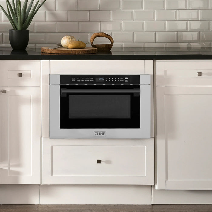 ZLINE Autograph Edition 24" 1.2 cu. ft. Built-in Microwave Drawer with a Traditional Handle in Stainless Steel and Matte Black Accents, MWDZ-1-H-MB