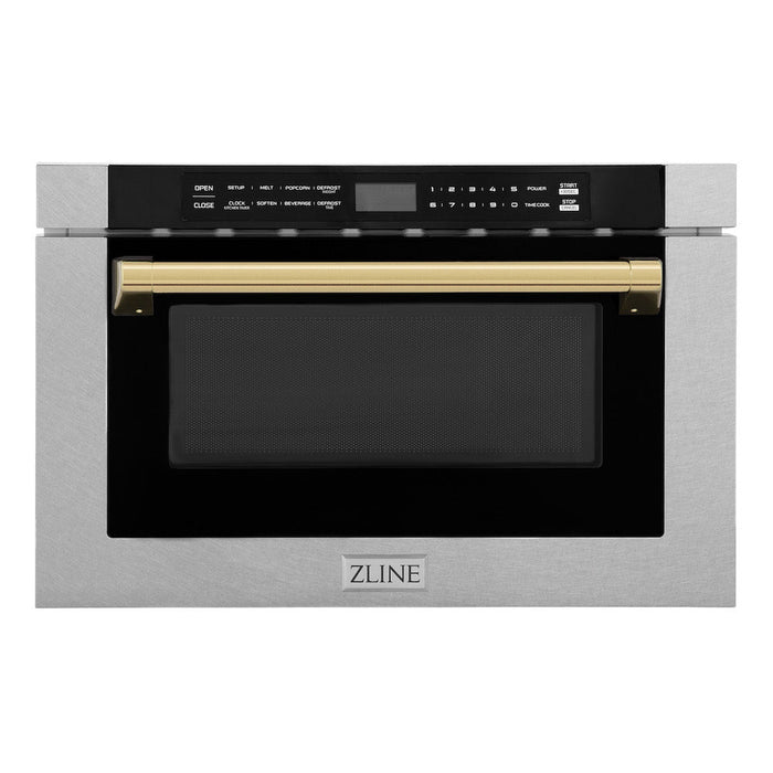 ZLINE Autograph Edition 24 in. Drawer Microwave in Fingerprint Resistant Stainless Steel with Traditional Handle and Polished Gold Accents (MWDZ-1-SS-H-G)