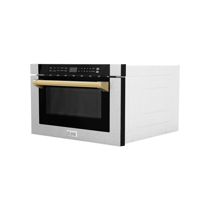 ZLINE Autograph Edition 24 in. Drawer Microwave in Fingerprint Resistant Stainless Steel with Traditional Handle and Polished Gold Accents (MWDZ-1-SS-H-G)