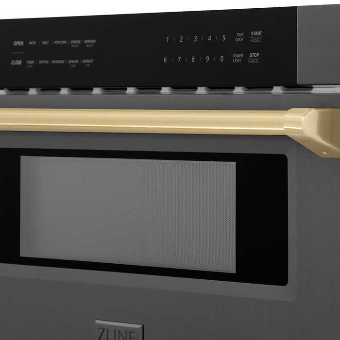 ZLINE Autograph Package - 36" Dual Fuel Range, Range Hood, Refrigerator with Water and Ice Dispenser, Microwave and Dishwasher in Black Stainless Steel with Bronze Accents