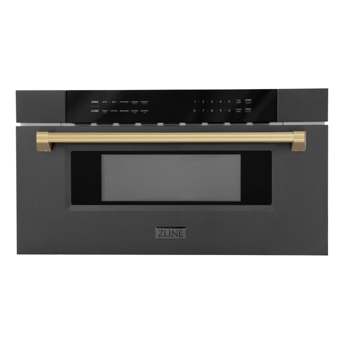 ZLINE Autograph Package - 36" Dual Fuel Range, Range Hood, Refrigerator, Microwave and Dishwasher in Black Stainless Steel with Bronze Accents