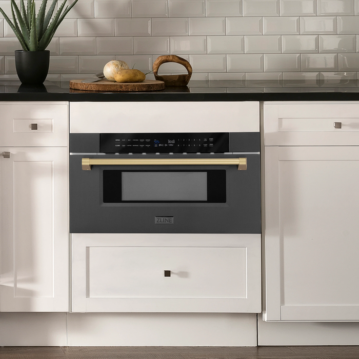 ZLINE Autograph Package - 48" Dual Fuel Range, Range Hood, Refrigerator, Microwave and Dishwasher in Black Stainless Steel with Bronze Accents