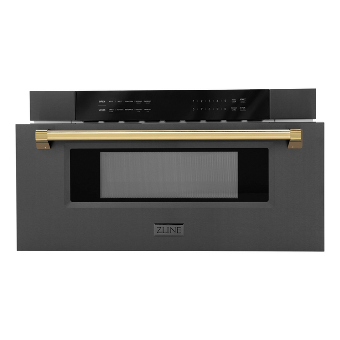 ZLINE Autograph 30 In. 1.2 cu. ft. Built-In Microwave Drawer In Black Stainless Steel with Gold Accents, MWDZ-30-BS-G