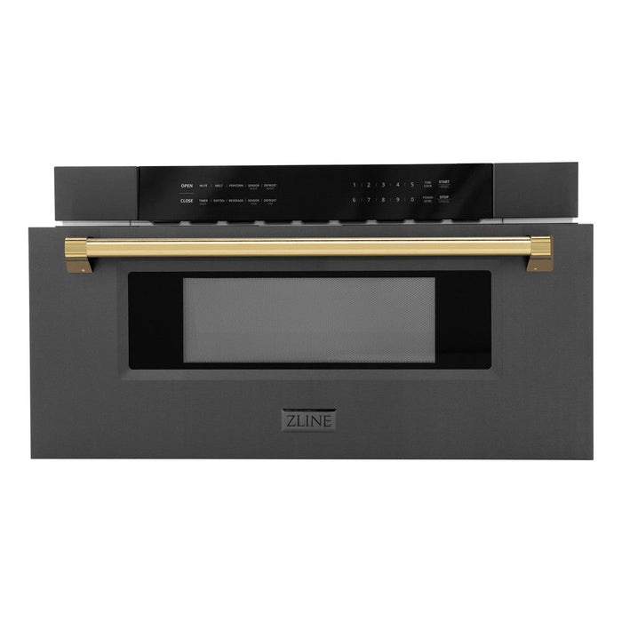 ZLINE Autograph Edition 30 in. 1.2 cu. ft. Built-in Microwave Drawer in Black Stainless Steel with Polished Gold Accents (MWDZ-30-BS-G)