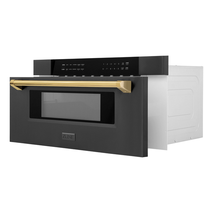 ZLINE Autograph Package - 48" Dual Fuel Range, Range Hood, Refrigerator, Microwave and Dishwasher in Black Stainless Steel with Gold Accents