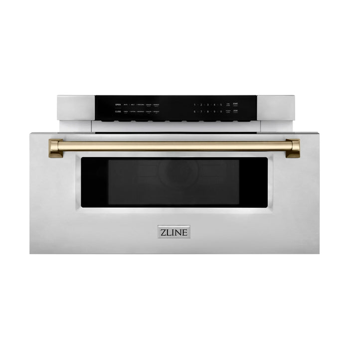 ZLINE Autograph Bronze Package - 48" Rangetop, 48" Range Hood, Dishwasher, Refrigerator with External Water and Ice Dispenser, Microwave Drawer