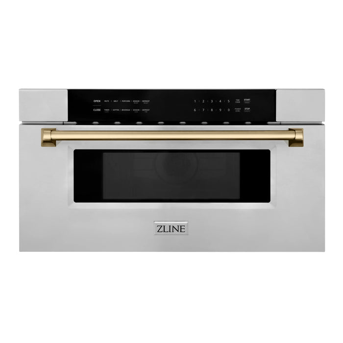 ZLINE Autograph Bronze Package - 36" Rangetop, 36" Range Hood, Dishwasher, Refrigerator with External Water and Ice Dispenser, Microwave Drawer