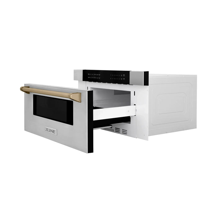 ZLINE Autograph Bronze Package - 48" Rangetop, 48" Range Hood, Dishwasher, Refrigerator, Microwave Drawer