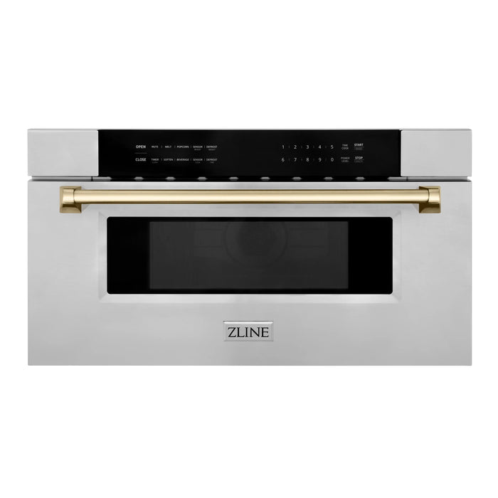 ZLINE Autograph Gold Package - 36" Rangetop, 36" Range Hood, Dishwasher, Refrigerator with External Water and Ice Dispenser, Microwave Drawer