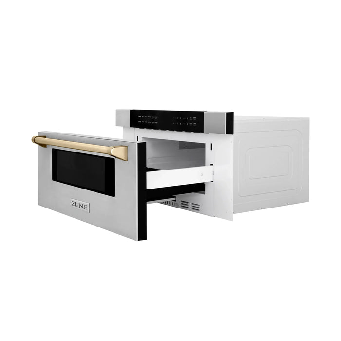 ZLINE Autograph Gold Package - 36" Rangetop, 36" Range Hood, Dishwasher, Refrigerator with External Water and Ice Dispenser, Microwave Drawer