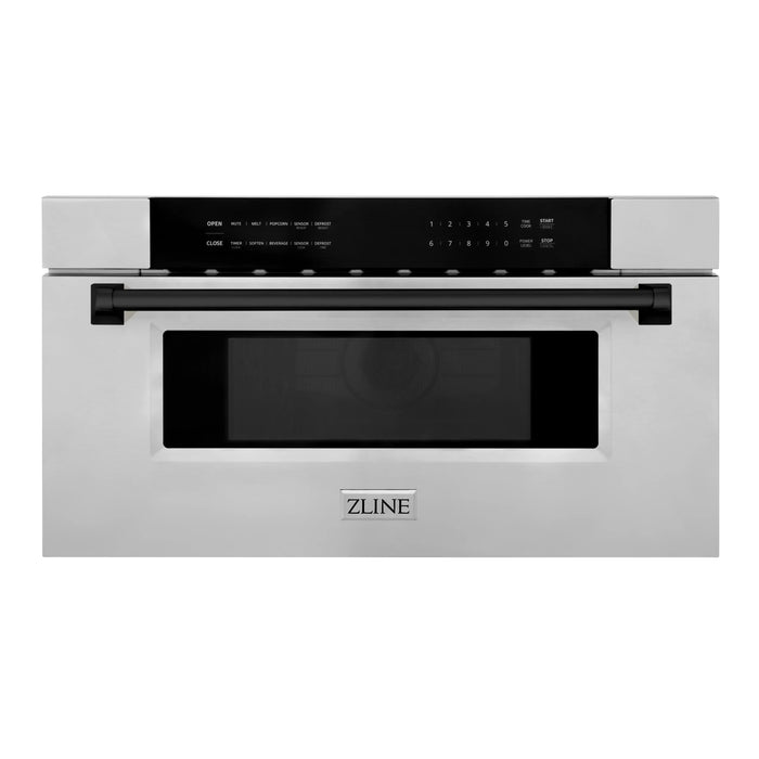 ZLINE Autograph Matte Black Package - 48" Rangetop, 48" Range Hood, Dishwasher, Built-In Refrigerator, Microwave Drawer