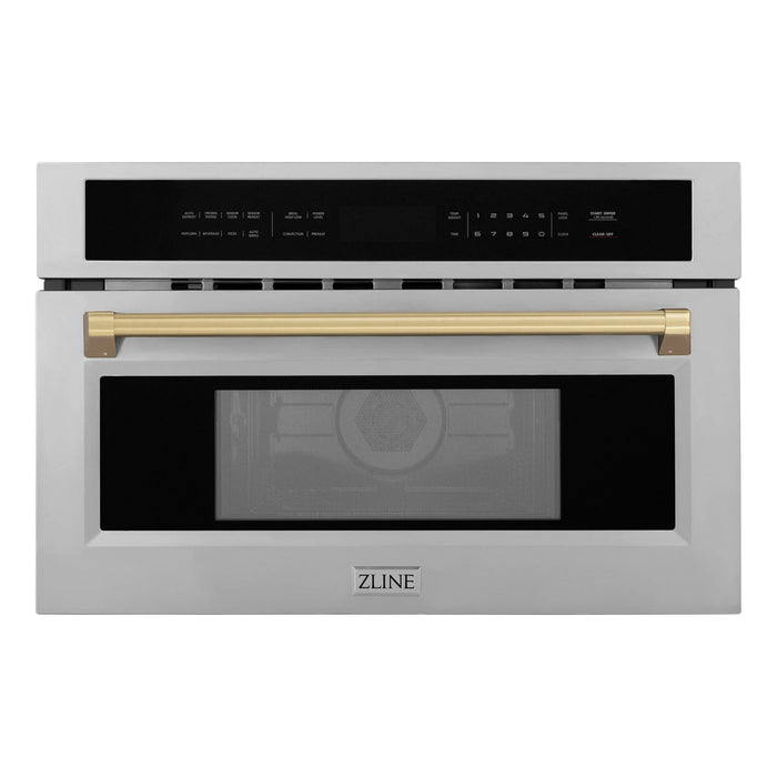 ZLINE Autograph Bronze Package - 48" Rangetop, 48" Range Hood, Dishwasher, Refrigerator with External Water and Ice Dispenser, Microwave Oven