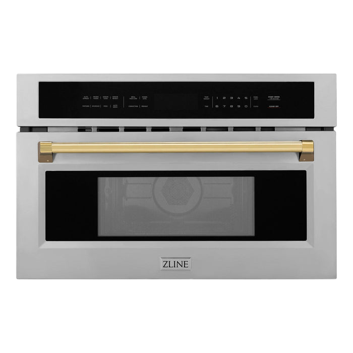 ZLINE Autograph Gold Package - 36" Rangetop, 36" Range Hood, Dishwasher, Refrigerator with External Water and Ice Dispenser, Microwave Oven, Wall Oven