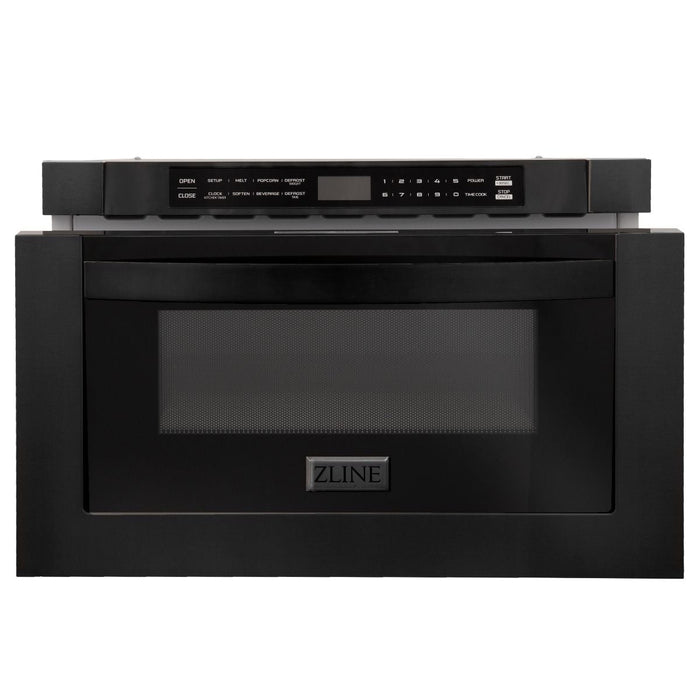 ZLINE Appliance Package - 30 in. Dual Fuel Range, Range Hood, Microwave Drawer, Refrigerator in Black Stainless, 4KPR-RABRH30-MW