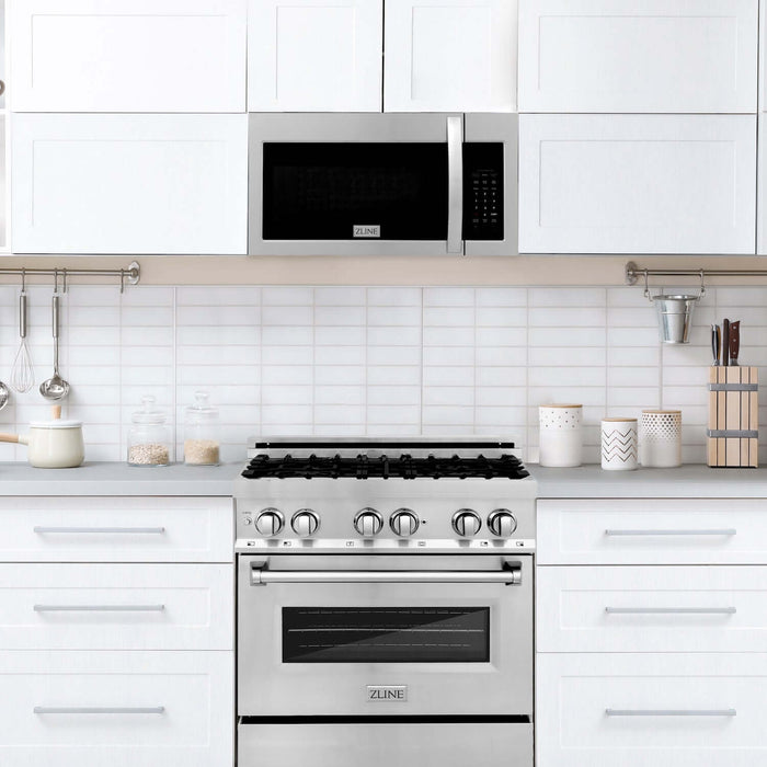 ZLINE 30 in. Kitchen Package with Stainless Steel Gas Range, Modern Over The Range Microwave and Tall Tub Dishwasher