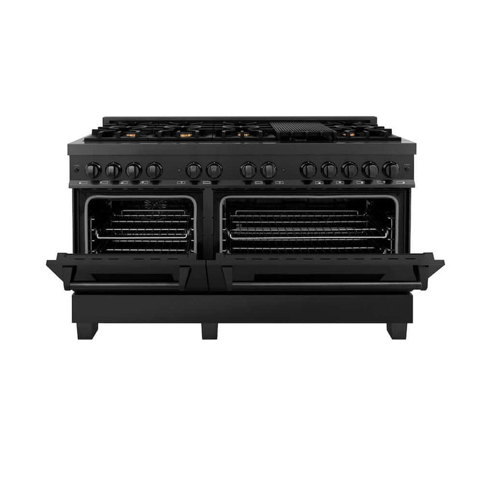 ZLINE 60 in. 7.4 cu. ft. Legacy Dual Fuel Range with 9 Burner Gas Cooktop and 2 Electric Convection Ovens in Black Stainless Steel (RAB-60)