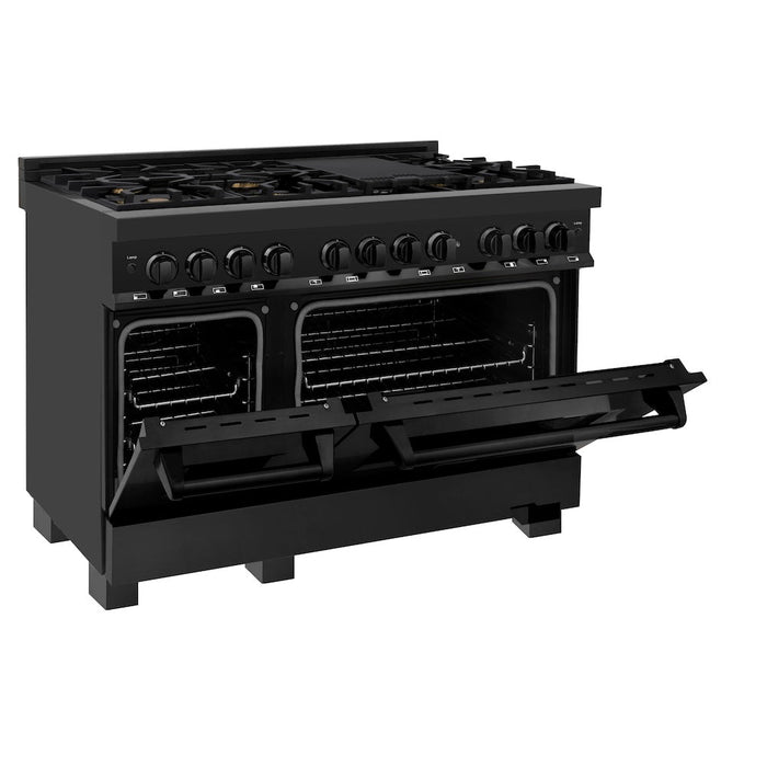 ZLINE 48 in. Kitchen Package with Black Stainless Steel Dual Fuel Range and Convertible Vent Range Hood (2KP-RABRH48)