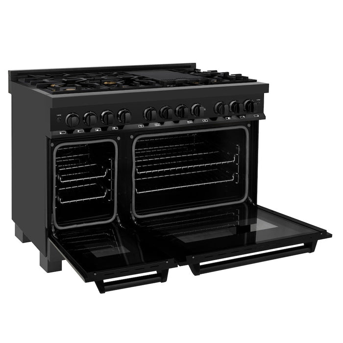 ZLINE 48 in. Kitchen Package with Black Stainless Steel Dual Fuel Range and Convertible Vent Range Hood (2KP-RABRH48)