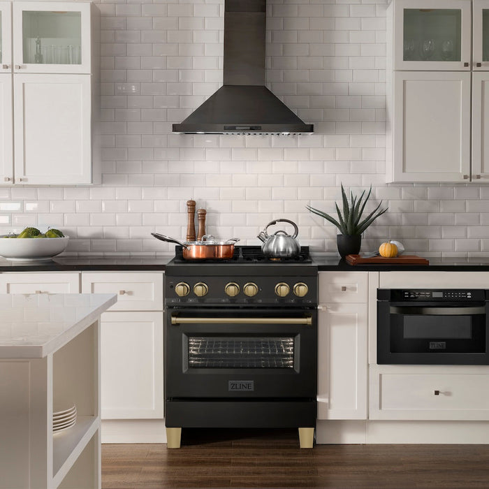 ZLINE Autograph Edition 30 in. Kitchen Package with Black Stainless Steel Dual Fuel Range and Range Hood with Champagne Bronze Accents (2AKP-RABRH30-CB)