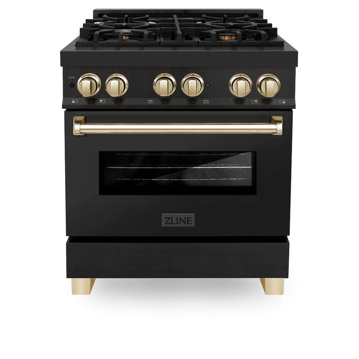 ZLINE Autograph Edition 30 in. 4.0 cu. ft. Legacy Dual Fuel Range with 4 Burner Gas Cooktop and Electric Convection Oven in Black Stainless Steel and Polished Gold Accents (RABZ-30-G)