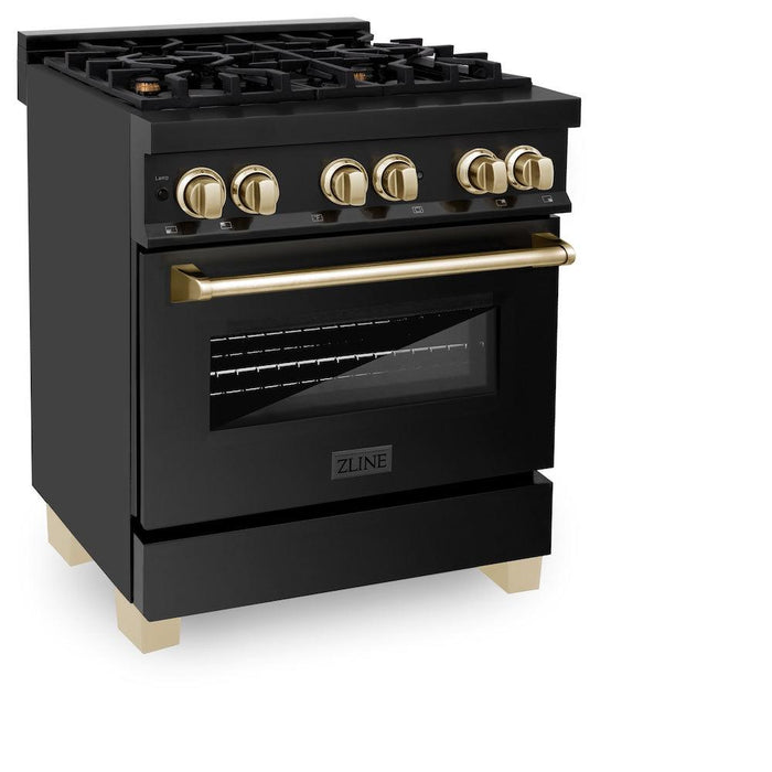 ZLINE Autograph Edition 30 in. 4.0 cu. ft. Legacy Dual Fuel Range with 4 Burner Gas Cooktop and Electric Convection Oven in Black Stainless Steel and Polished Gold Accents (RABZ-30-G)