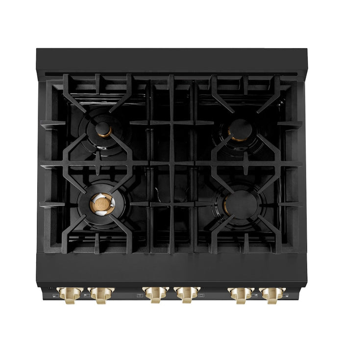 ZLINE Autograph Edition 30 in. 4.0 cu. ft. Legacy Dual Fuel Range with 4 Burner Gas Cooktop and Electric Convection Oven in Black Stainless Steel and Polished Gold Accents (RABZ-30-G)