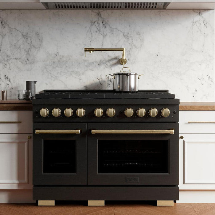 ZLINE Autograph 48" 6.7 cu. ft. Paramount Double Oven Dual Fuel Range with 8 Burners in Black Stainless Steel and Champagne Bronze Accents, SDRBZ-48-CB