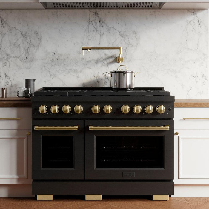 ZLINE Autograph 48" 6.7 cu. ft. Paramount Double Oven Dual Fuel Range with 8 Burners in Black Stainless Steel and Polished Gold Accents, SDRBZ-48-G