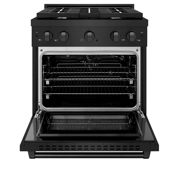 ZLINE Appliance Package - 30 In. Gas Range with Brass Burners, Microwave Oven, Range Hood in Black Stainless Steel, 3KP-SGRBRHMWO-30