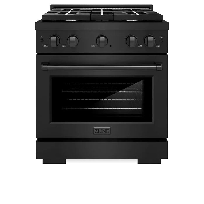 ZLINE Appliance Package - 30 In. Gas Range with Brass Burners, Microwave Oven, Range Hood in Black Stainless Steel, 3KP-SGRBRHMWO-30