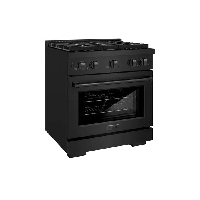 ZLINE Appliance Package - 30 in. Gas Range, Range Hood, Microwave Oven, and Dishwasher in Black Stainless Steel, 4KP-RGBRH30-MODW